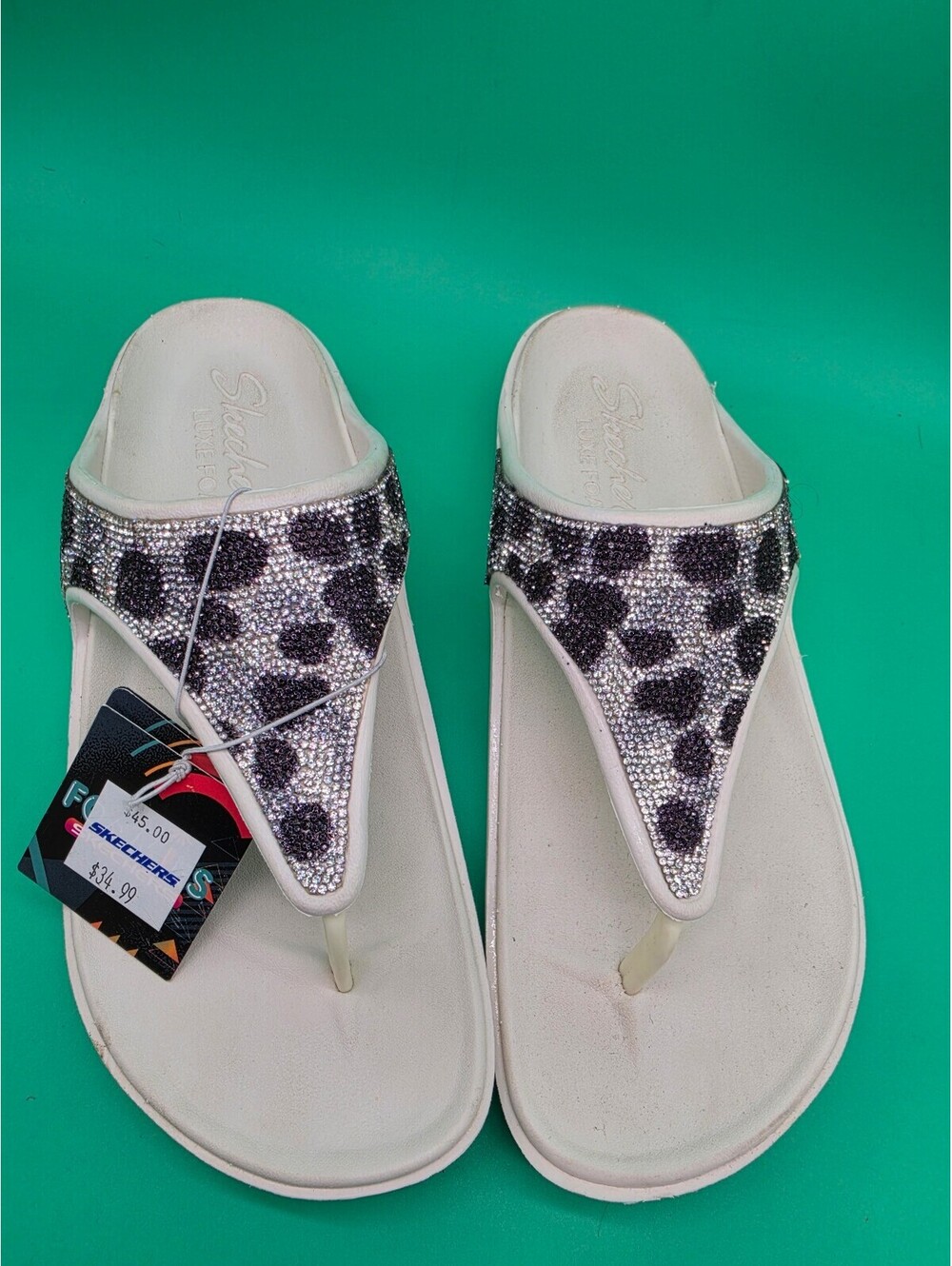 Skechers Luxe Foam Rhinestone Leopard Print Flip Flops White Women's Size 10 - Picture 3 of 6